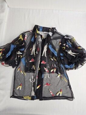 Vintage Impulsive Bon Jour Paris Sheer Blouse Top Size Large